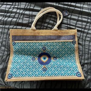 Blue and Tan Patterned Tote Bag